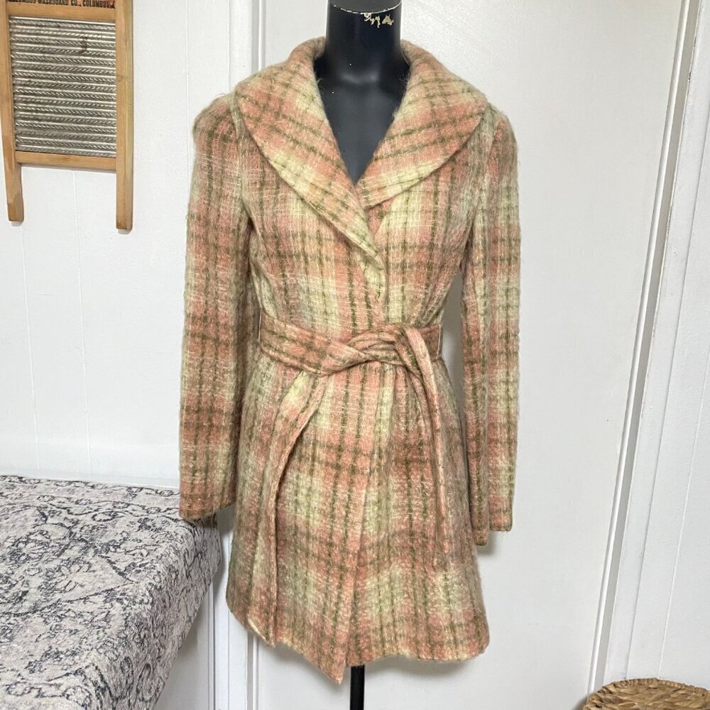 Unbranded Plaid Wool Coat in Cream Pink Olive Size Medium - Picture 2 of 6